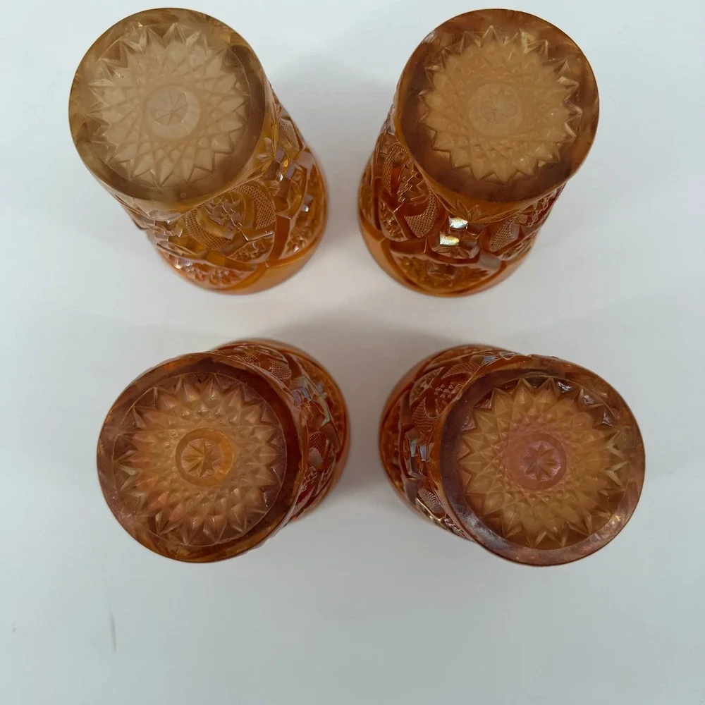 L.E. Smith Marigold Carnival Glass Daisy Button Juice Tumblers Set of‎ 4 4in